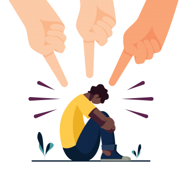 Illustration: Sitzender Junge, drei Zeigefinger zeigen von oben auf den Jungen.