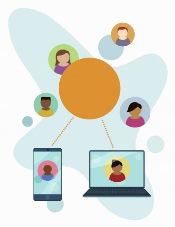 Illustration: Unten ist ein Smartphone und ein Laptop auf dem Gesichter als Icons zu sehen sind. Diese sind verbunden mit verschiedenen Icons von Gesichtern, die in der oberen Hälfte sind,