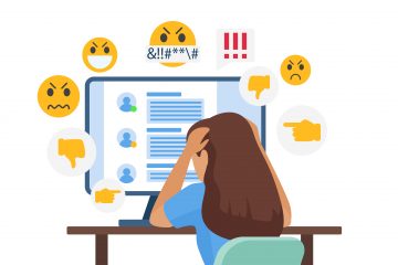 Illustration: Junges Mädchen sitzt vor einem Computerbildschirm. Um den Bildschirm herum sind verschiedene wütende Smileys.